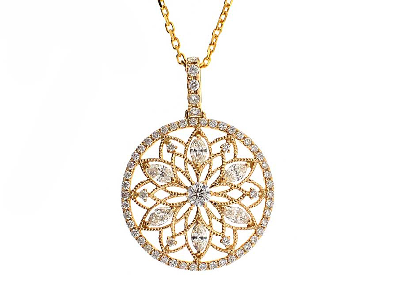 Round Pendant with Marquise Diamonds & Beaded Milgrain in a Flower Design Surrounded by Halo of Diamonds in 18k Yellow Gold