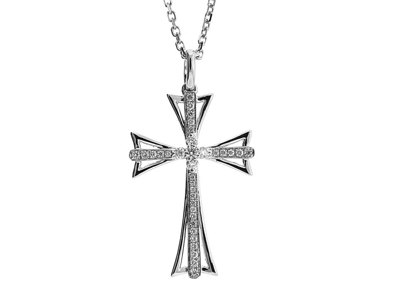 Cross Pendant with Diamonds Bordered by Solid 18k White Gold