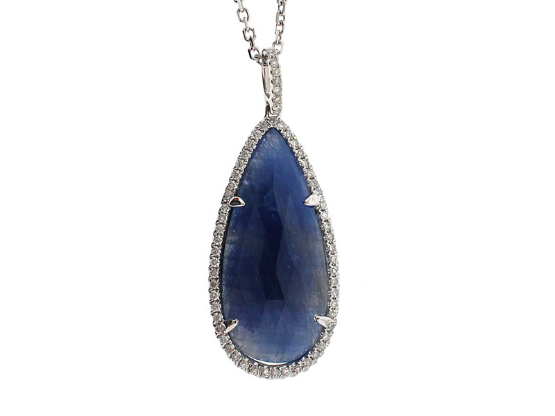 Drop Shaped Blue Sapphire Polki Pendant with Halo of Diamonds Set in 14k White Gold