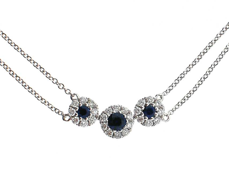 3 Stone Sapphire Necklace with Diamond Halos Around Each in 14K White Gold