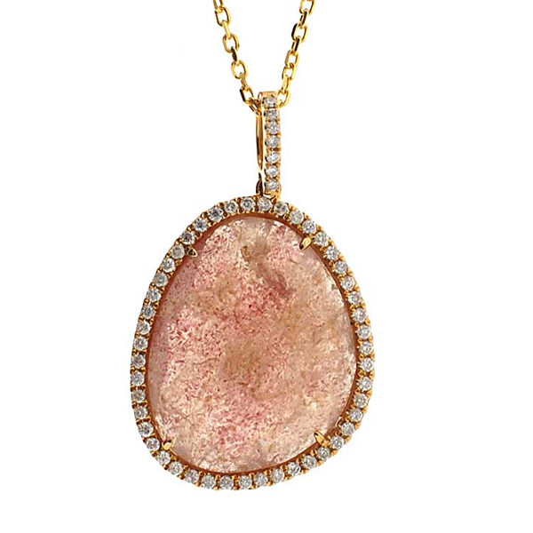 Pendant with Strawberry Quartz Polki Surrounded by Diamonds Set in 14k Yellow Gold