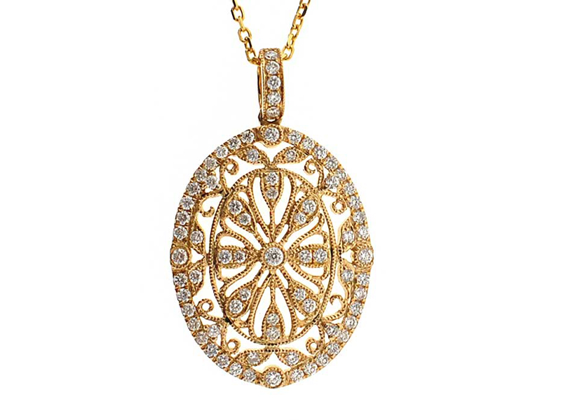 Oval Pendant with Decorative Filigree and Diamonds Set in 18k Yellow Gold