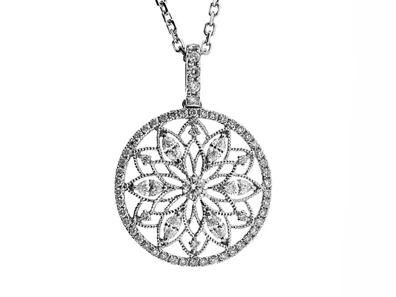 Round Pendant with Marquise Diamonds & Beaded Milgrain in a Flower Design Surrounded by Halo of Diamonds in 18k White Gold