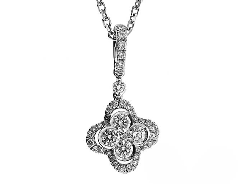Halo Style Clover Pendant with Round Diamonds Set in 18k White Gold