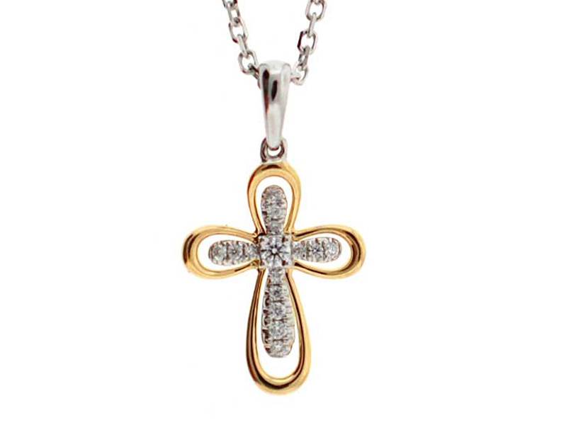 Two Tone Cross Pendant with Diamonds Set in 18k White Gold Outlined by 18k Rose Gold