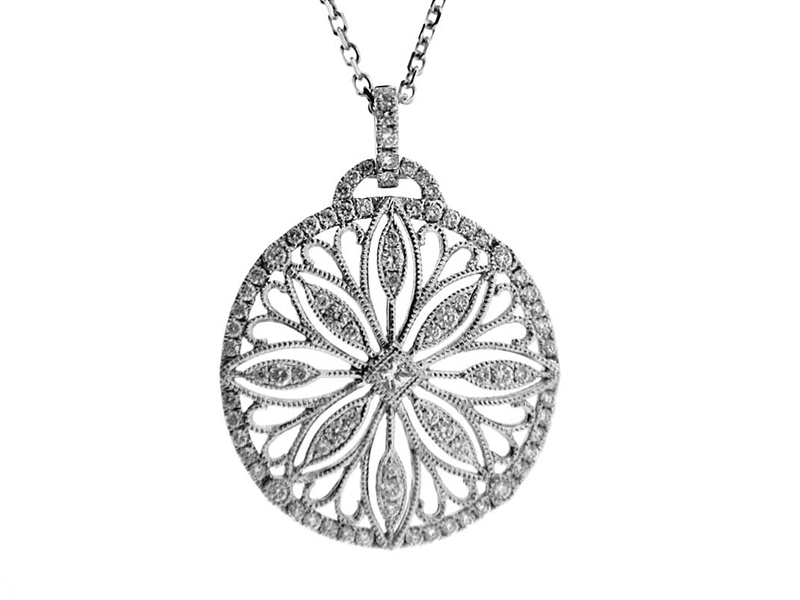 Pendant with Princess Cut Diamond Center Surrounded by Round Diamonds and Beaded Milgrain in a Flower Design of 18k White Gold