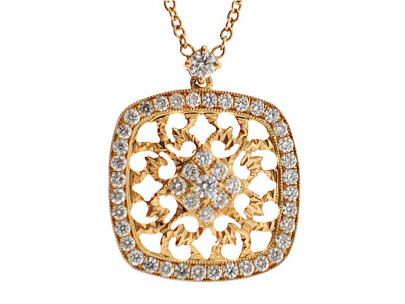 Cushion Shape Filigree Design Diamond Pendant with Moving Prong Set Diamonds on Chain