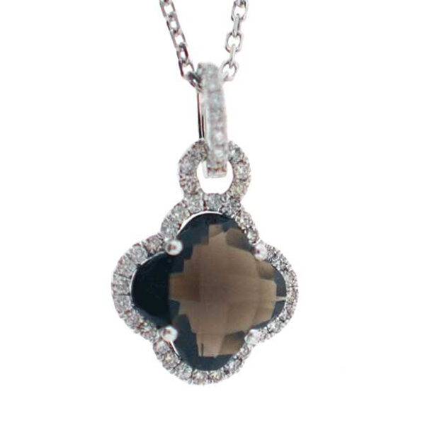 Clover Shaped Smoky Topaz Pendant with Single Diamond Halo Set in 18K White Gold