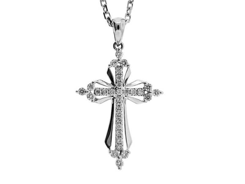 Cross Pendant with Diamonds and a Ribbon Design Outline in 18K White Gold