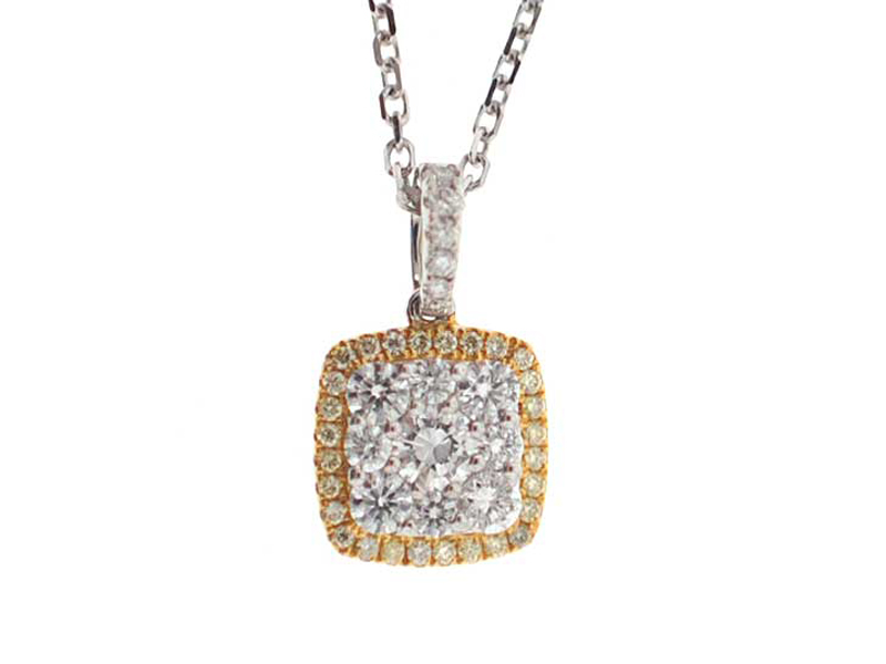 Two Tone Square Pendant with Cluster of Diamonds in 18k White Gold Bordered by Diamond Halo in 18k Yellow Gold