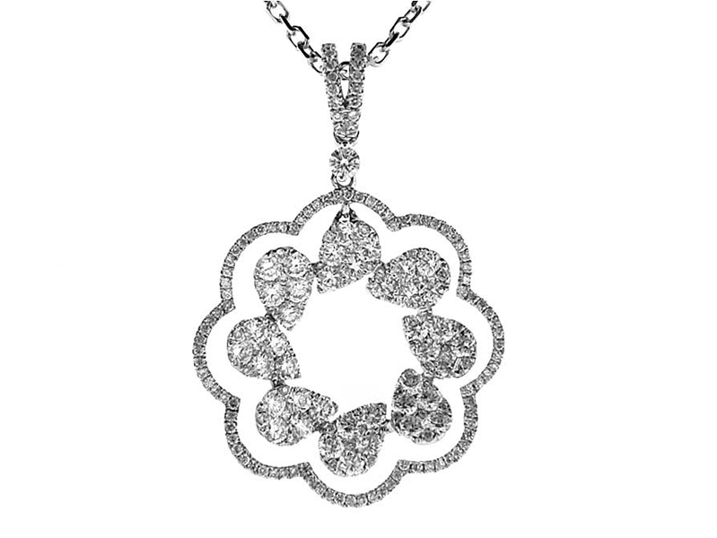Pendant with Drop Shaped Clusters of Diamonds Outlined by Row of Round Diamonds Set in 18k White Gold