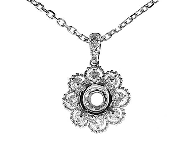 Solitaire Pendant with a Flower Design of Diamonds Traced by Beaded Milgrain and Set in 18k White Gold
