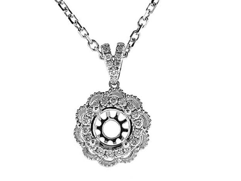 Solitaire Pendant with a Flower Design of Diamonds Traced by Beaded Milgrain and Set in 18k White Gold
