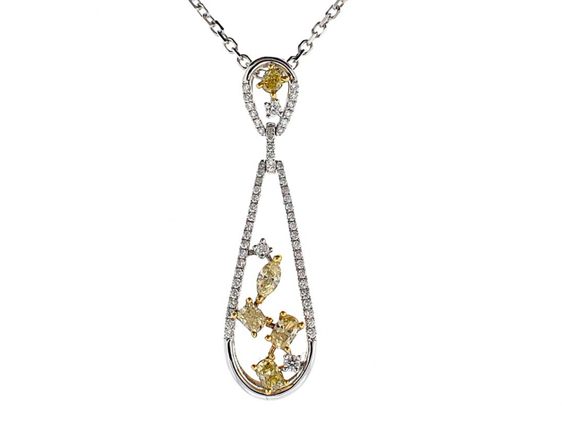Dangling Long Drop Shaped Pendant with White Diamonds & Scattered Fancy Yellow Diamonds Set in 18k White Gold