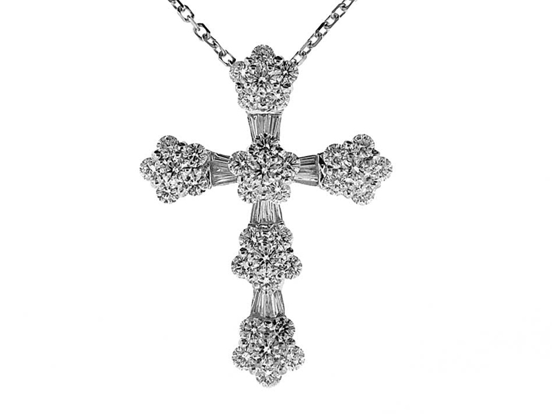 Cross Pendant with Clusters of Diamonds Connected by Baguette Diamonds in 18k White Gold