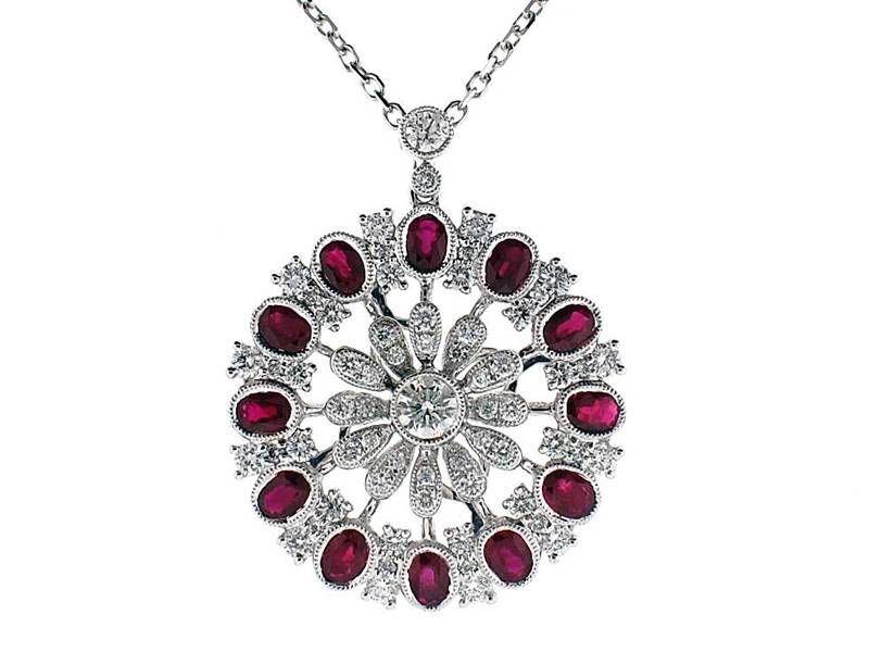 Sunburst Style Ruby and Diamond Pendant in 18K White Gold
