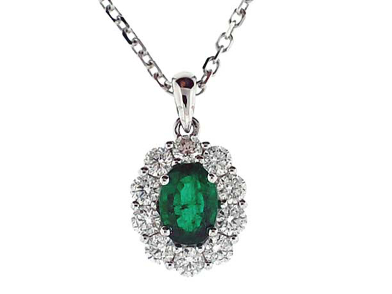 Emerald Pendant with Diamond Halo Set in 18K White Gold