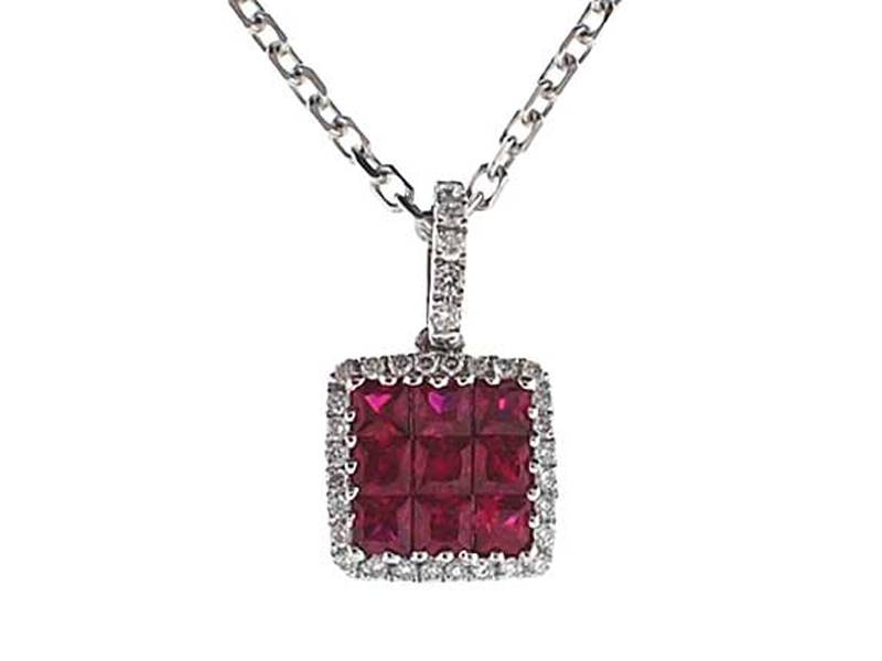 Square Ruby Pendant with Single Diamond Halo Set in 18K White Gold