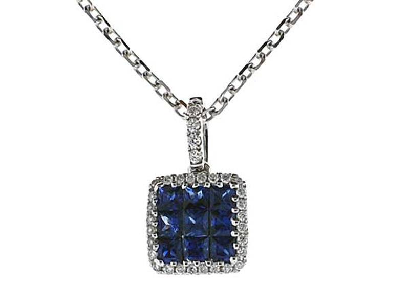 Square Sapphire Pendant with Single Diamond Halo Set in 18K White Gold