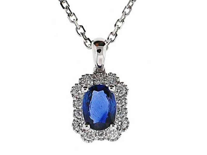 Pendant with Sapphire Center Surrounded by Diamonds and Beaded Milgrain in 18K White Gold
