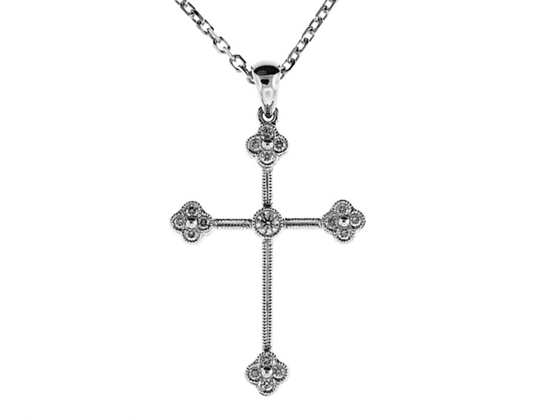 Cross Pendant with Clover Shaped Tips of Bezel Set Diamonds Connected by Beaded Milgrain in 18k White Gold