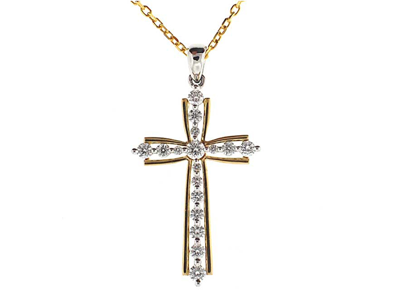 Two Tone Cross Pendant with Diamonds Set in 18k White Gold Bordered by Solid 18K Yellow Gold