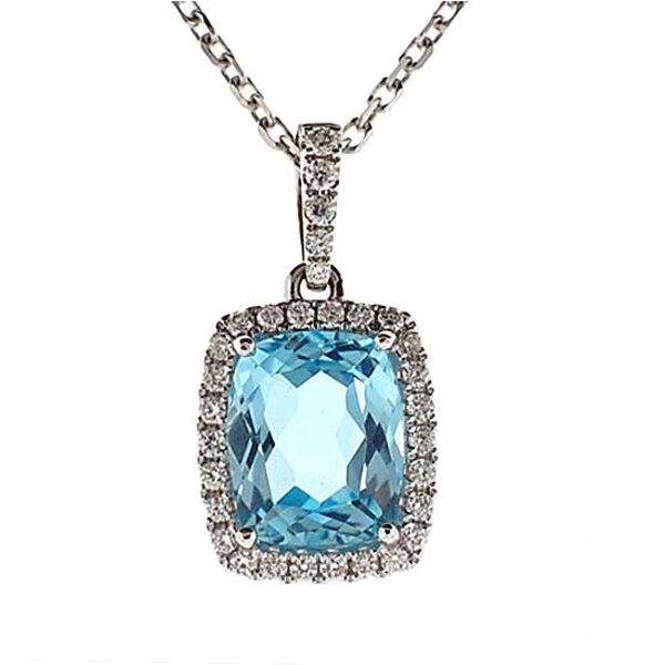 Rectangle Cushion Cut Aquamarine Solitaire Pendant with Single Diamond Halo Set in 18K White Gold