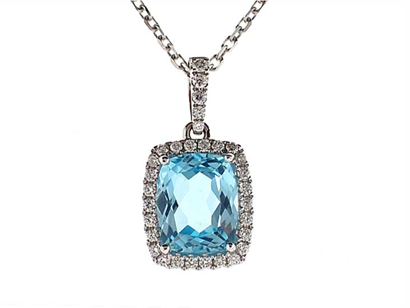 Rectangle Cushion Cut Aquamarine Solitaire Pendant with Single Diamond Halo Set in 18K White Gold