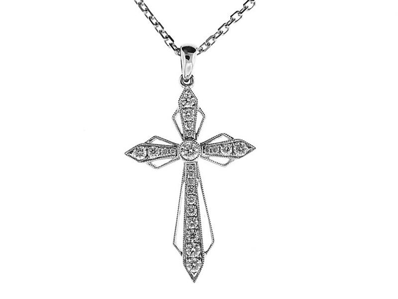 Cross Pendant with Diamonds and a Bezel Set Center Set in 18k White Gold Decorated with Beaded Milgrain