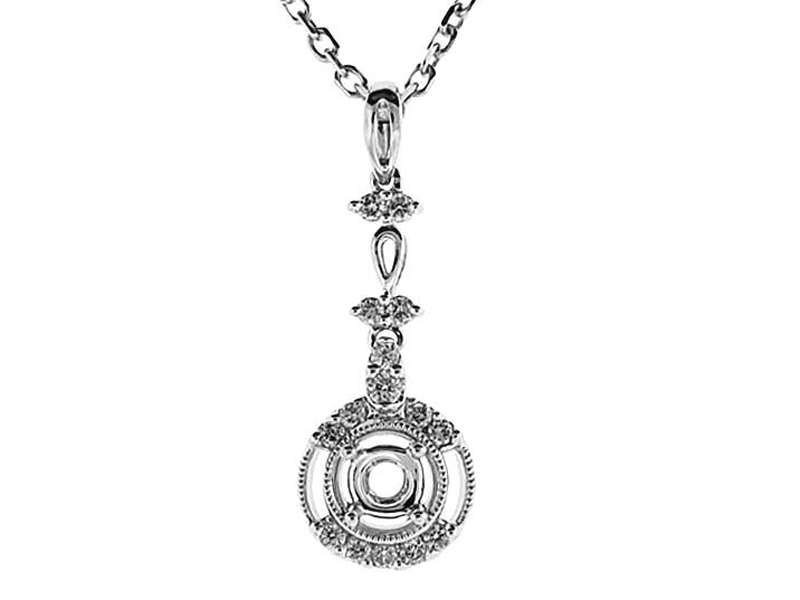 Round Solitaire Dangling Pendant with Diamonds and a Double Border of Beaded Milgrain in 18k White Gold