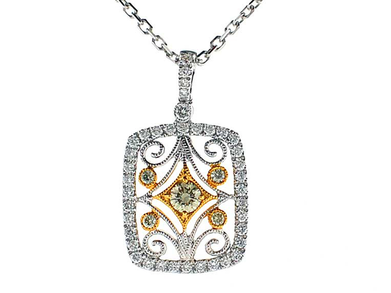 Two Tone Rectangle Pendant with Fancy Yellow Diamonds, White Round Diamonds, and Decorative Filigree in 18k White and Yellow Gold