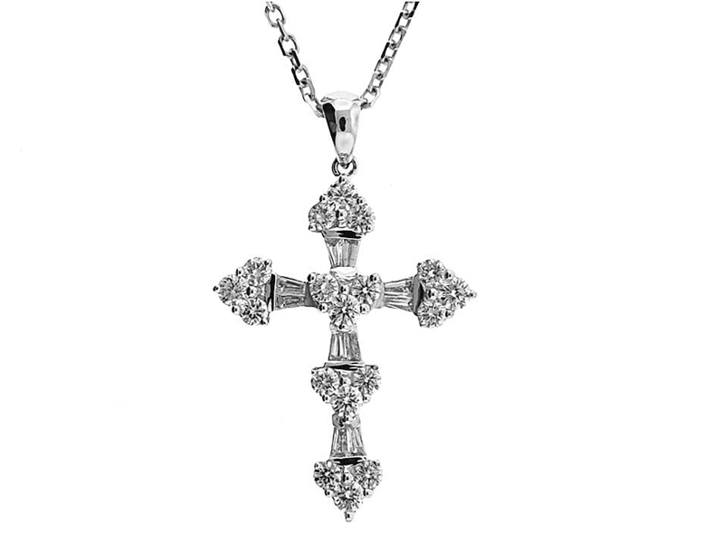 Cross Pendant with Paired Diamonds Connected by Baguette Diamonds in 18k White Gold