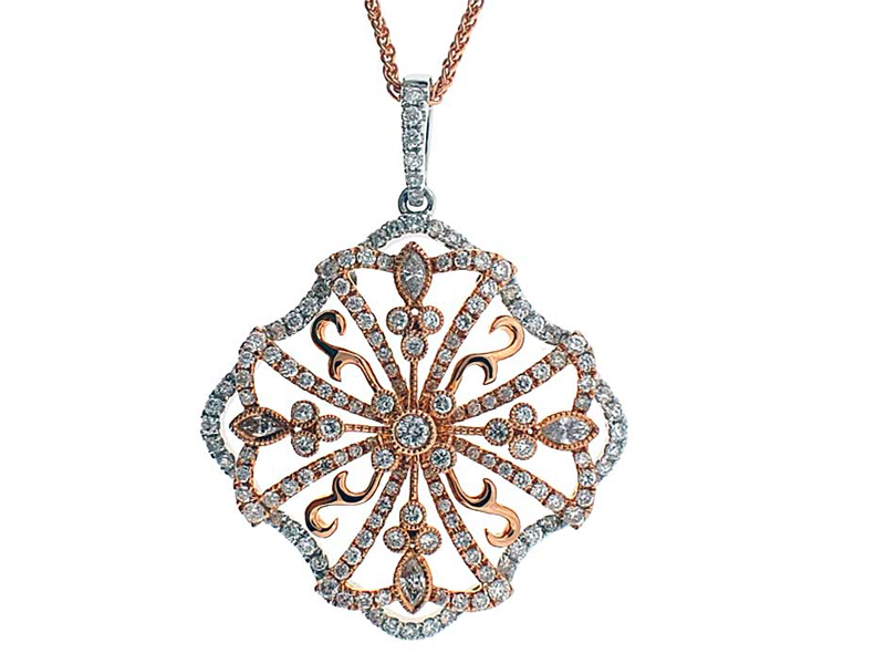 Fancy Two Tone Filigree Pendant with Beaded Milgrain and Diamonds Set in 18k White and Rose Gold