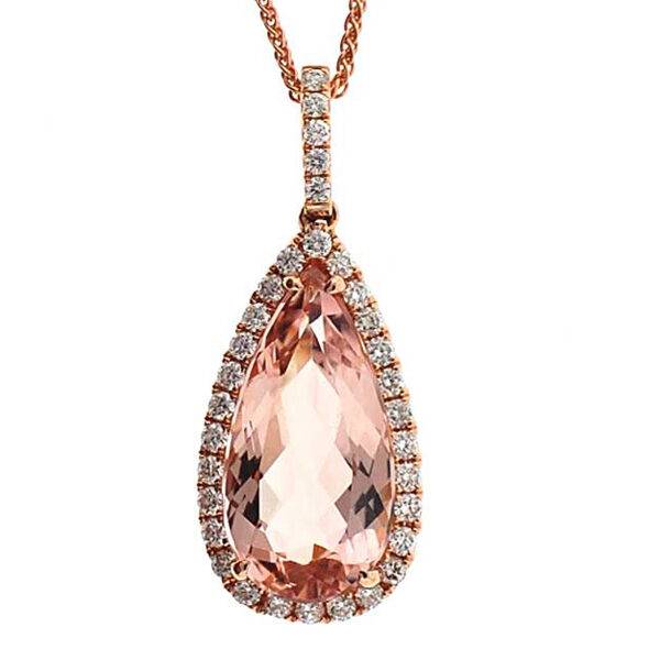 Pear Shaped Morganite Pendant with Diamond Halo Set in 18K Rose Gold