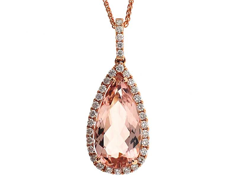 Pear Shaped Morganite Pendant with Diamond Halo Set in 18K Rose Gold