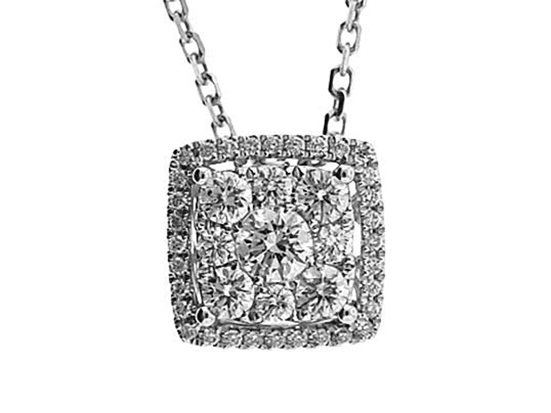 Square Pendant with Cluster of Round Diamonds Bordered by Halo of Round Diamonds in 18k White Gold