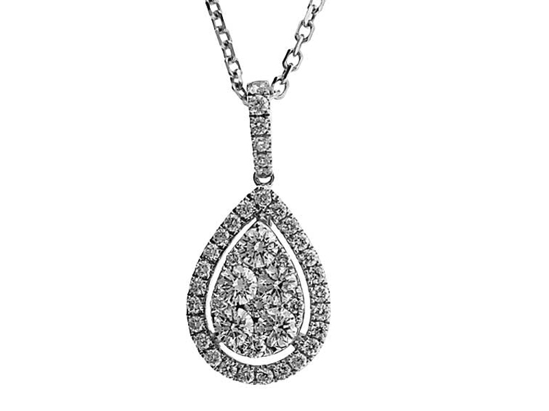 Drop Pendant with Center Cluster of Diamonds Surrounded by Diamond Halo in 18k White Gold