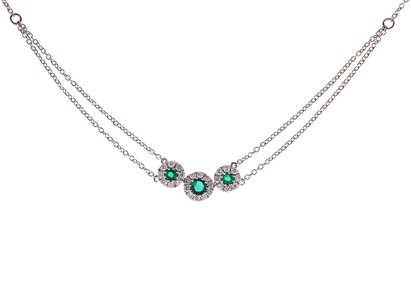 3 Stone Emerald Necklace with Diamond Halos Around Each in 18K White Gold