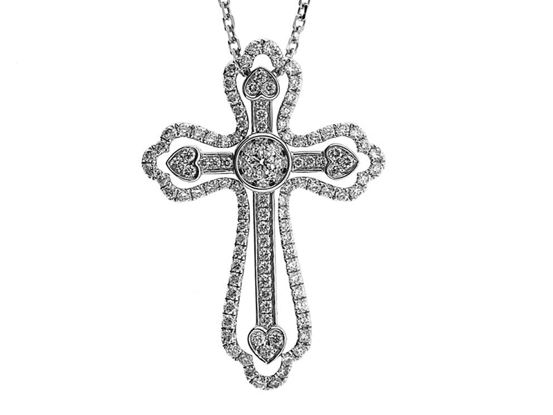 Cross Pendant with Diamonds and Heart Shaped Ends in 18k White Gold