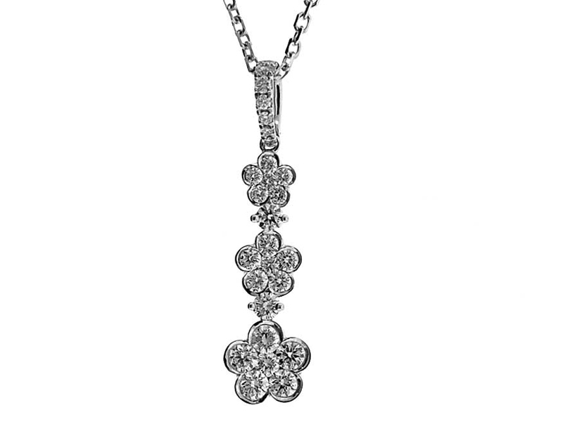 Graduated Dangling Triple Flower Pendant with Diamonds Set in 18k White Gold