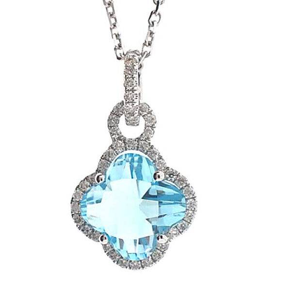 Clover Shaped Aquamarine Pendant with Single Diamond Halo Set in 18K White Gold