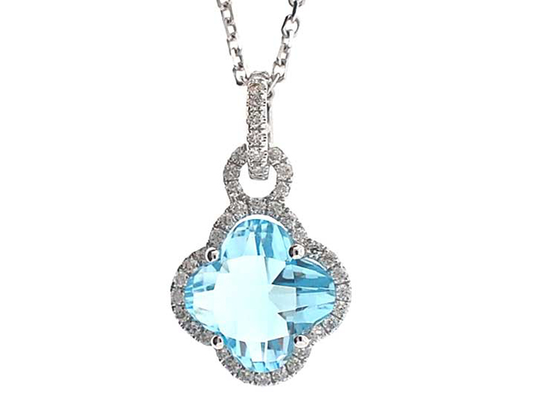 Clover Shaped Aquamarine Pendant with Single Diamond Halo Set in 18K White Gold
