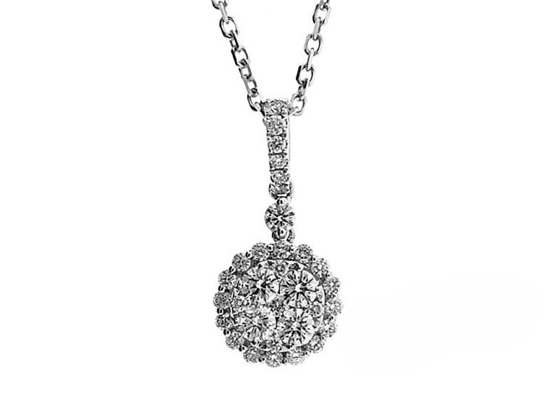 Round Diamond Pendant with Cluster Surrounded by Prong-Separated Diamonds in 18k White Gold