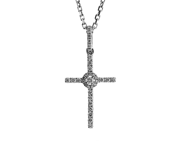 Cross Pendant with a Halo Center and Diamonds Set in 18k White Gold