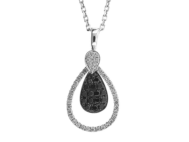 Drop Pendant with Pavé Set Center of Black Diamonds Surrounded by Halo of White Diamonds in 18k White Gold