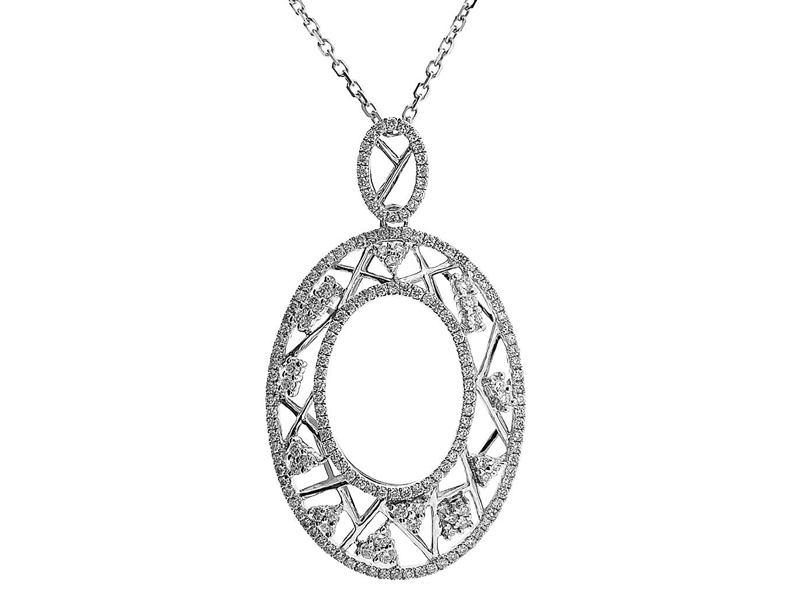 Oval Shaped Geometric Pendant with Diamonds Set in 18k White Gold
