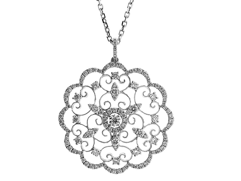 Fancy Round Pendant with Filigree Design and Diamonds Set in 18k White Gold