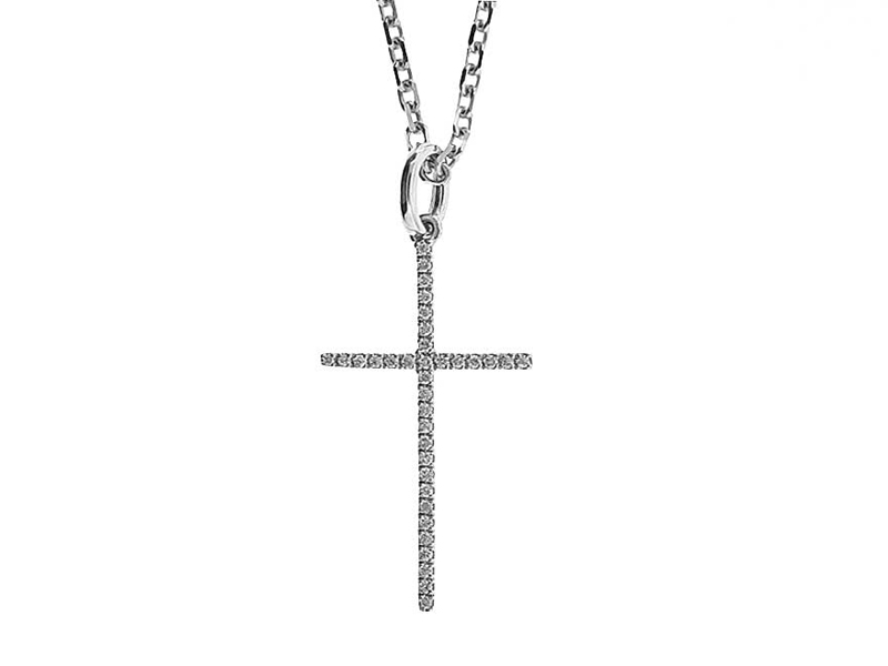Thin Single Row Cross Pendant with Diamonds Set in 18k White Gold