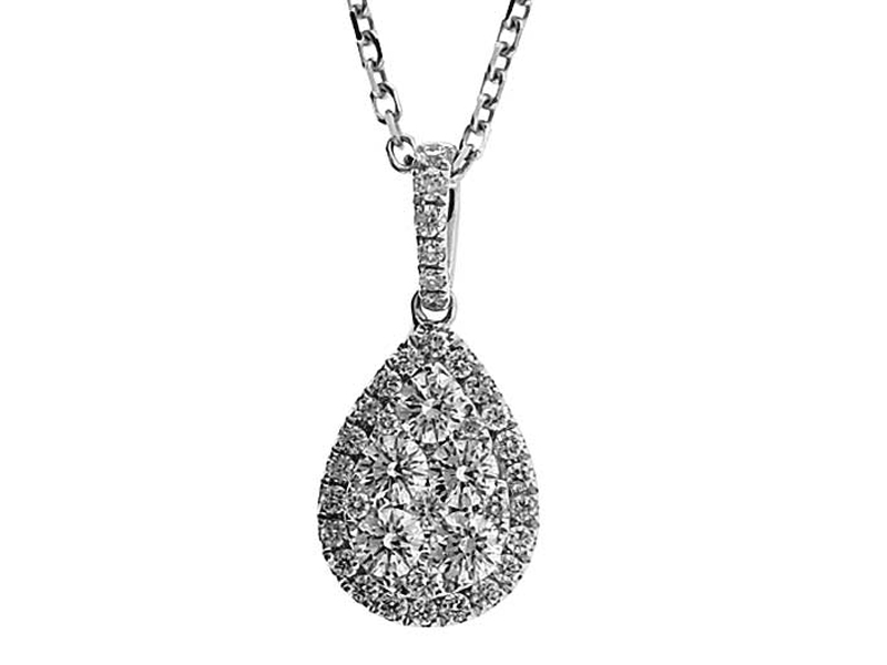 Diamond Drop Pendant with Cluster of Diamonds Surrounded by Halo in 18k White Gold