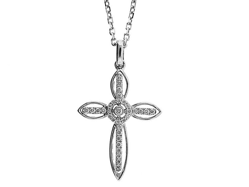 Cross Pendant with Halo Style Center and Round Diamonds Traced by Solid 18k White Gold